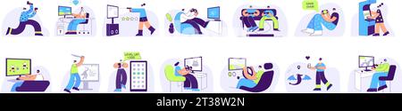 Gamer spielen Videospiele. Arcade-, VR-, Computer- und Spielekonsole-Spielersatz mit flachem Vektor-Illustration Stock Vektor
