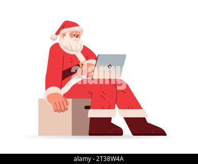 weihnachtsmann in rotem Kostüm sitzt auf Stuhlbox und nutzt Laptop Happy New Year Frohe christmas Holiday Celebration Konzept Stock Vektor