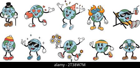 Cartoon Planet Erde Maskottchen. Lustiger Globus im Stil der 1930er Jahre Gummischlauch Animation Charakter. Isolierter Vektorillustrationssatz Stock Vektor