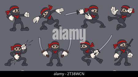 Zeichentrickfigur Ninja. Karate-Krieger, Stealth-Ninja mit Katana und Assassin Martial Arts Maskottchen-Vektor-Set Stock Vektor