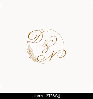 Initialen DN Hochzeit Monogramm Logo mit Blättern und eleganten kreisförmigen Linien Vektorgrafik Stock Vektor