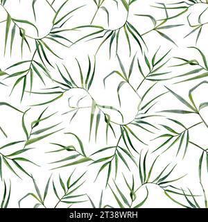 Tropische Bambuszweige und hinterlässt grünes Aquarellmuster auf weiß. Handgezeichneter botanischer Hintergrund zum Bedrucken von Stoffen und Textilien. Stockfoto