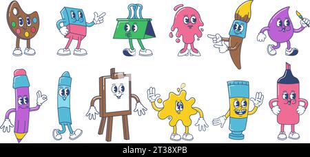 Kunst liefert Cartoon Maskottchen. Lustige Art School Charaktere, kreative Palette, Farbe, Bleistift und Staffelei mit Leinwand Vektor Illustration Set Stock Vektor
