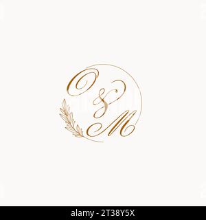 Initialen OM Hochzeit Monogramm Logo mit Blättern und elegante kreisförmige Linien Vektorgrafik Stock Vektor