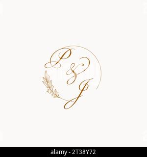 Initialen PJ Hochzeit Monogramm Logo mit Blättern und elegante kreisförmige Linien Vektor-Grafik Stock Vektor