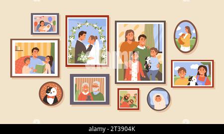 Bilderrahmen für das Familienleben. Erinnerungen Wand mit Familiengeschichte Fotos, Kinderporträts und Hochzeit Bild Vektor Illustration des Porträts wa Stock Vektor