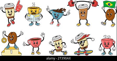 Cartoon-Kaffee-Maskottchen. Lustige heiße Espresso-Tasse und Kaffeebohne im Stil der 1930er Jahre Gummischlauch Animation Charakter. Isolierte Vektordarstellung Stock Vektor
