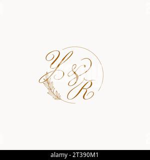 Initialen YR Hochzeitsmonogramm Logo mit Blättern und eleganten kreisförmigen Linien Vektorgrafik Stock Vektor