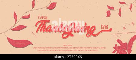 Horizontales Happy Thanksgiving Day Poster mit Herbstblatt-Design, Vektorplakat. Stock Vektor
