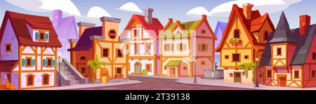 Mittelalterliche traditionelle deutsche Straßenhäuser. Karikaturvektor Illustration Stadtbild mit alten Stadthäusern mit Holzfachwerk. Fachwerkgebäude mit Bürgersteig aus Stein, Brunnen und Laterne Stock Vektor