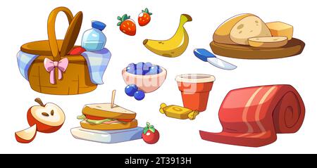 Korb mit roter Decke und Speisen und Getränke für ein Picknick im Park. Cartoon Fertiggerichte und Zubehör für Mittagessen im Freien - Sandwich und Brot, Obst und Beeren, Wasser in der Flasche. Stock Vektor