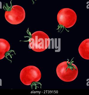 Nahtloses Aquarellmuster mit Kirschtomaten. Handgezeichnete Illustration für Umhüllung, Tapete, Stoff, Textil Stockfoto