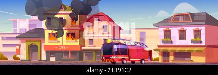 Feuerwehrauto kommt an, um das brennende Gebäude in der Stadt zu löschen. Karikaturvektor-Illustration der Stadtlandschaft mit Haus in Flammen und mit Rauch bedeckt, rotes Auto mit Feuerwehrleuten kam beim Notruf. Stock Vektor