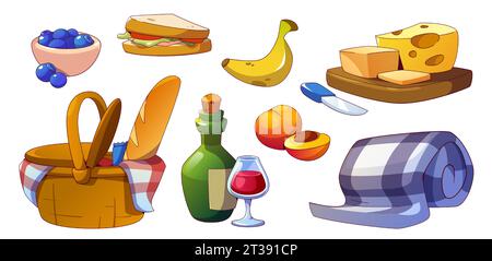 Picknickkorb für Obst, Essen und Wein. Isoliertes Brot, Käse, Alkoholflasche, Baguette, Sandwich und Decke für Outdoor Party im Park. Leckere Bio-Mahlzeit zum Camping in Korbkiste Stock Vektor