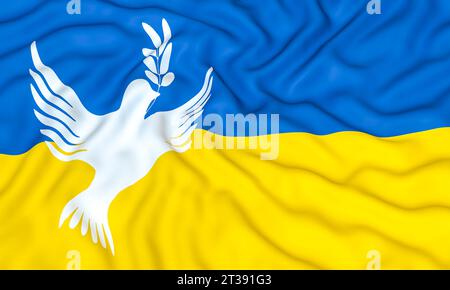 Die Flagge der ukraine mit der weißen Taube des Friedens Stockfoto