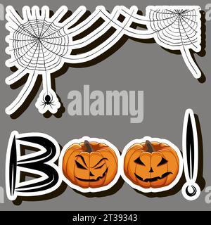 Illustration auf Themenaufkleber zum Feiern lustiger Feiertag Halloween mit orangen Kürbissen Stock Vektor