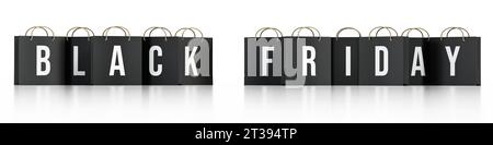 Schwarze Freitags-Einkaufstaschen isoliert auf weißem Hintergrund. 3D-Abbildung. Stockfoto
