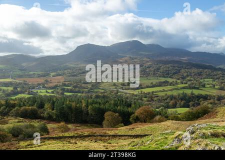 Blick auf die Cadair Idris oder Cader Idris Range vom Foel Caerynwch Hill in der Nähe von Brithdir, Wales Stockfoto