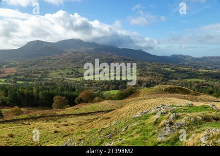 Blick auf die Cadair Idris oder Cader Idris Range vom Foel Caerynwch Hill in der Nähe von Brithdir, Wales Stockfoto