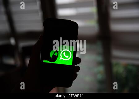 Paris, Frankreich. Oktober 2023. Illustration von WhatsApp in Paris, Frankreich am 23. Oktober 2023. Der französische Innenminister Gerald Darmanin erinnert daran, dass es schwierig sei, Terroranschläge zu untersuchen, ohne auf Nachrichten zugreifen zu können, die auf sicheren Plattformen wie Whatsapp oder Signal ausgetauscht werden. Foto: Florian Poitout/ABACAPRESS.COM Credit: Abaca Press/Alamy Live News Stockfoto
