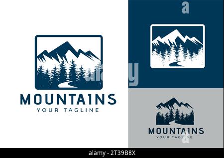 Berge Hügel Flüsse und Kiefern Retro Vintage Stil für Abenteuer Abzeichen Logo Design Vektor Stock Vektor