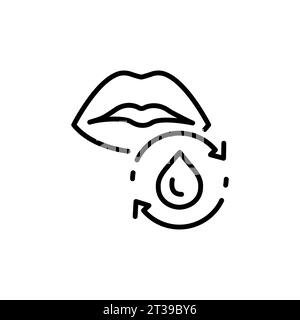 Lippenkonturensymbol, Lippenstift oder Wassergel, Mund mit Flüssigkeitstropfen, Wasserzyklus für Gesicht, dünne Linie Symbol auf weißem Hintergrund. Stock Vektor