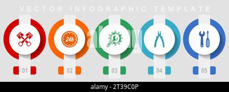 Symbolsatz für Fahrzeugwartung und flache Werkstattausführung, verschiedene Symbole wie Kolben, Piller, Schraubenschlüssel und Werkzeuge, Vektor-Infografik-Vorlage, Webbutto Stock Vektor