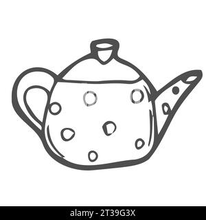 Handgezeichnet, skizziert und im Kritzelstil dekoriert, Symbol der Teekanne. Lineares Schild für mobiles Konzept und Webdesign. Keramik Teekanne Umrissvektor Symbol. Stock Vektor