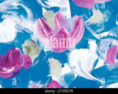 Abstrakte rosa Blumen, original handgezeichnet, Impressionismus-Stil, Farbtextur, Pinselstriche der Farbe, Kunsthintergrund. Moderne Kunst. Zeitgenössische Kunst Stockfoto