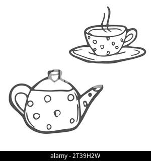 Set Kritzeleien Teezeit. Schwarze lineare Sammlung von Keramik-Teekanne, Tasse Tee, Keksen und Zuckerwürfeln. Vektorabbildung Stock Vektor