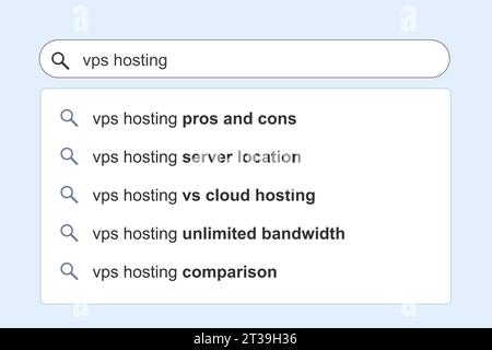 Suchergebnisse für Websitehostthemen. VPS (Virtual Personal Server) Hosting Services Konzept der Online-Suchmaschine Autovervollständigung Vorschläge. Stock Vektor