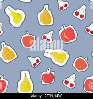 Nahtloses Fruchtmuster. Hintergrund des Vektor-Fruchtmix-Aufklebers. Nahtlose Textur für modischen Aufdruck. Äpfel, Birnen und Kirschen im Zeichentrickstil. Stock Vektor