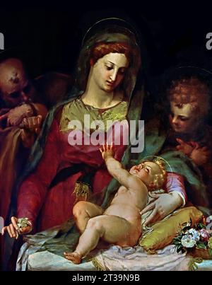 MuseumMadonna und Kind mit Little St. Johannes der Täufer 1585 Pieter de Witte 1548 - 1628 Museum, Italien. Peter de Witte, in Italien als Pietro Candido und in Bayern als Peter Candid bekannt, war ein in Flandern geborener manieristischer Maler, Wandteppiche und Zeichner, der in Italien und Bayern tätig war. Stockfoto