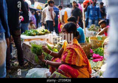 Kalkutta, Indien. Oktober 2023. Eine Inderin wird als Verkäuferin auf einem Blumenmarkt-Basar im Stadtzentrum gesehen. (Credit Image: © Davide Bonaldo/SOPA Images via ZUMA Press Wire) NUR REDAKTIONELLE VERWENDUNG! Nicht für kommerzielle ZWECKE! Stockfoto