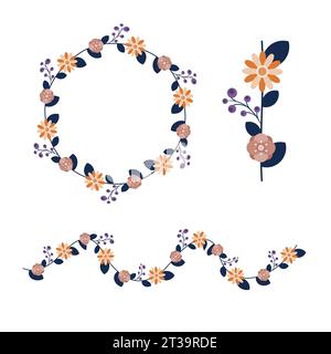 Rundrahmenkonturkranz mit Kräutern und Blumen isoliert auf weiß. Nahtloser Musterpinsel mit rundem Rahmen für Poster, Designs, Grußkarten und Hochzeitsankündigungen Stock Vektor