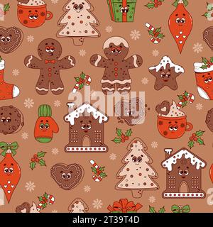Weihnachtliches, nahtloses Muster. Trendige Retro-Zeichentrickfiguren Lebkuchen, Kekse, Mann, Baum, Haus, Weihnachtsstrumpf auf braunem Hintergrund. Vektor N Stock Vektor