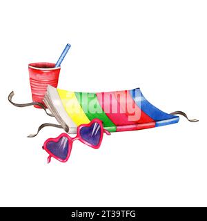 Komposition mit Magazin, rosa herzförmige Sonnenbrille und roter Trinkbecher mit Strohhalm. Urlaub im Retro-Stil, bereit zum Drucken. Stockfoto