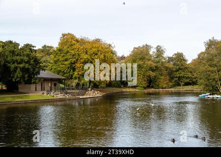 Der Fluss Wye in Buxton Pavilion Gardens ist ein öffentlicher Park im Zentrum von Buxton Stockfoto