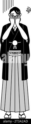 Mann trägt Hakama mit Wappen, das sein Gesicht in Depressionen bedeckt, Vektor-Illustration Stock Vektor