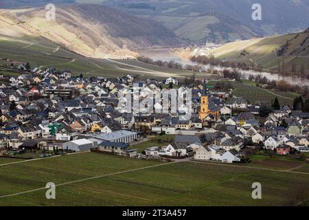 Blick auf die Gemeinde Trittenheim, in der berühmten Moselregion Deutschlands, wo Riesling produziert wird. Das Dorf produziert Wein aus der Rebsorte Riesling. Jedes Jahr gibt es ein Weinfest, das eine große Attraktion für Touristen ist.die Mosel ist ein Tribut des Rheins am Westufer, der über 545 km durch den Nordosten Frankreichs und Westdeutschland fließt. Der Fluss mündet in Deutschland und fließt an Trier vorbei bis zum Zusammenfluss mit dem Rhein bei Koblenz. (Foto: Karol Serewis / SOPA Images/SIPA USA) Stockfoto