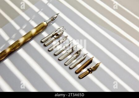 Metallspitzen für den Tintenstift auf weißem Hintergrund bei Sonneneinstrahlung. Schreibwaren auf weißem Schreibtisch, Nahansicht von oben. Rechtschreibunterricht und Caligraphie-Übungen. Stockfoto