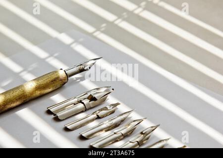 Metallspitzen für den Tintenstift auf weißem Hintergrund bei Sonneneinstrahlung. Schreibwaren auf weißem Schreibtisch, Nahansicht von oben. Rechtschreibunterricht und Caligraphie-Übungen. Stockfoto