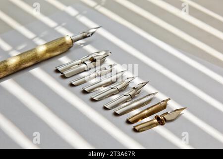 Metallspitzen für den Tintenstift auf weißem Hintergrund bei Sonneneinstrahlung. Schreibwaren auf weißem Schreibtisch, Nahansicht von oben. Rechtschreibunterricht und Caligraphie-Übungen. Stockfoto
