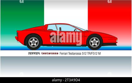 Maranello, Italien, Jahr 1984, Ferrari Testarossa 512 Oldtimer auf italienischer Flagge, farbige Abbildung Stockfoto