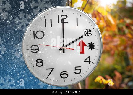 24. Oktober 2023: Uhr mit zwei Jahreszeiten und rotem Pfeil für die Zeitumstellung von Herbst zu Winter. Schnee und Sonnenschein PHOTOMONTAGE *** Uhr mit zwei Jahreszeiten und einem roten Pfeil für die Zeitumstellung im Herbst auf Winterzeit. Schnee und Sonnenschein FOTOMONTAGE Credit: Imago/Alamy Live News Stockfoto