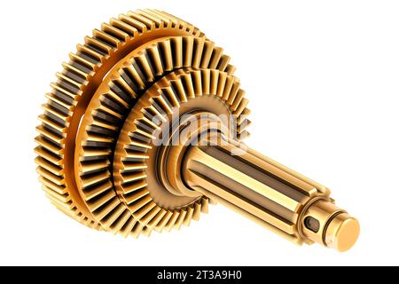 Goldenes Zahnrad, 3D-Rendering isoliert auf weißem Hintergrund Stockfoto