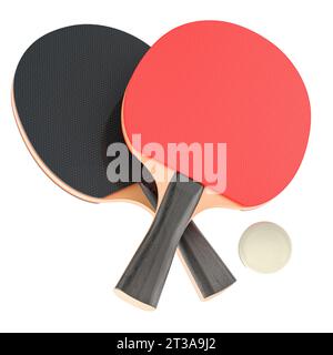 Tischtennisausrüstung, Tischtennisschläger und Ball. 3D-Rendering isoliert auf weißem Hintergrund Stockfoto