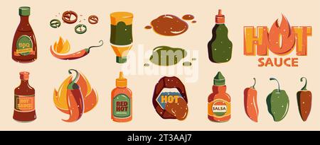 Heiße Chillsauce. Chili-Pfeffer-Ketchup und Mayonnaise, scharfe Tomatensauce zum Kochen vegetarischer Gerichte, farbenfrohes Gemüse-Dip. Vektorsatz. Pakete mit Salsa- und grilletiketten zum Dressing Stock Vektor