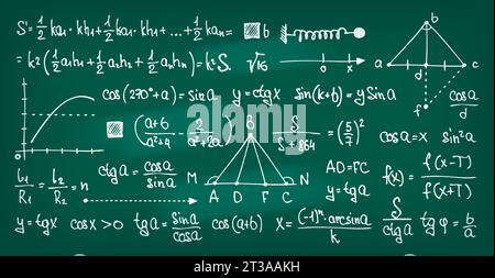 Mathematische Symbole auf dem Schwarzen Brett. Handgezeichnete Tafel mit mathematischer Gleichung, mathematischer Problemlösung und Trigonometrie-Vorlesungskonzept. Vektor-Illustration des Tafelschulmathematik-Symbols Stock Vektor