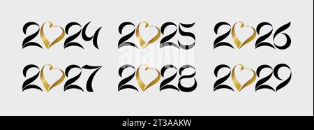 Set aus eleganten schwarzen und goldenen Zahlen von 2024 bis 2029. Kalendertitel für das neue Jahr 2025, 2026, 2027 und 2028. Kreative Symbole. Grafiksammlung. Stock Vektor